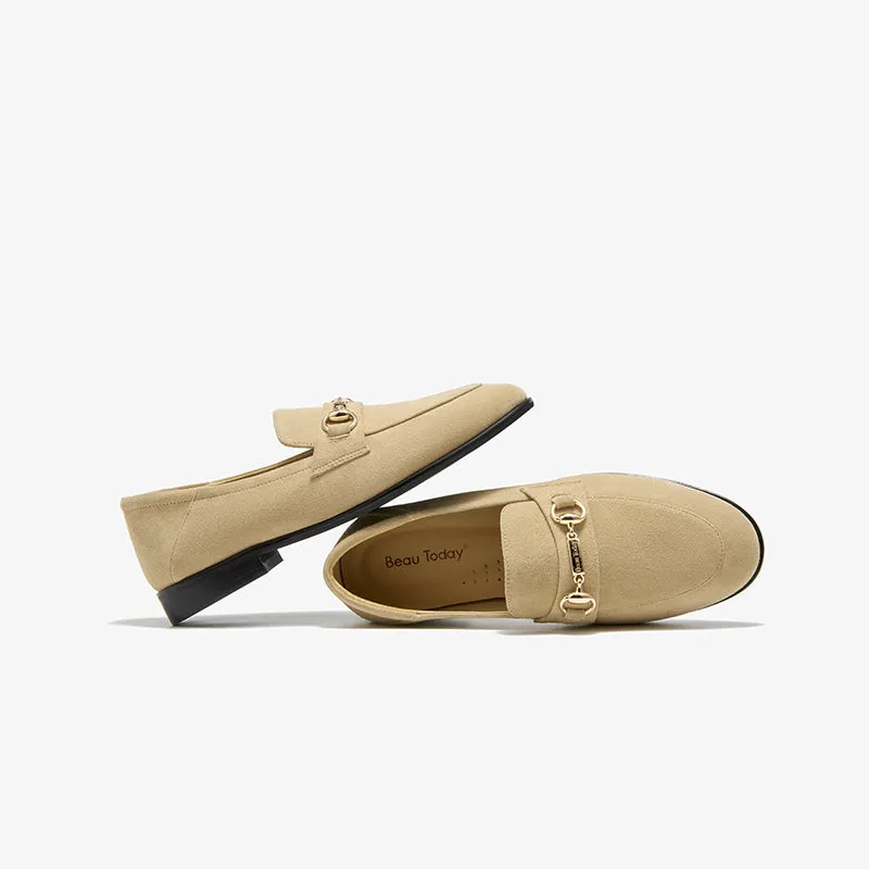 BeauToday Womens Penny Loafers Business Casual Round Toe Suede Sheepskin Walking Flats with Buckle