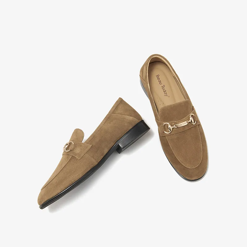 BeauToday Womens Penny Loafers Business Casual Round Toe Suede Sheepskin Walking Flats with Buckle