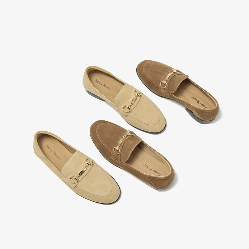 BeauToday Womens Penny Loafers Business Casual Round Toe Suede Sheepskin Walking Flats with Buckle