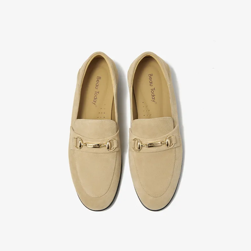 BeauToday Womens Penny Loafers Business Casual Round Toe Suede Sheepskin Walking Flats with Buckle