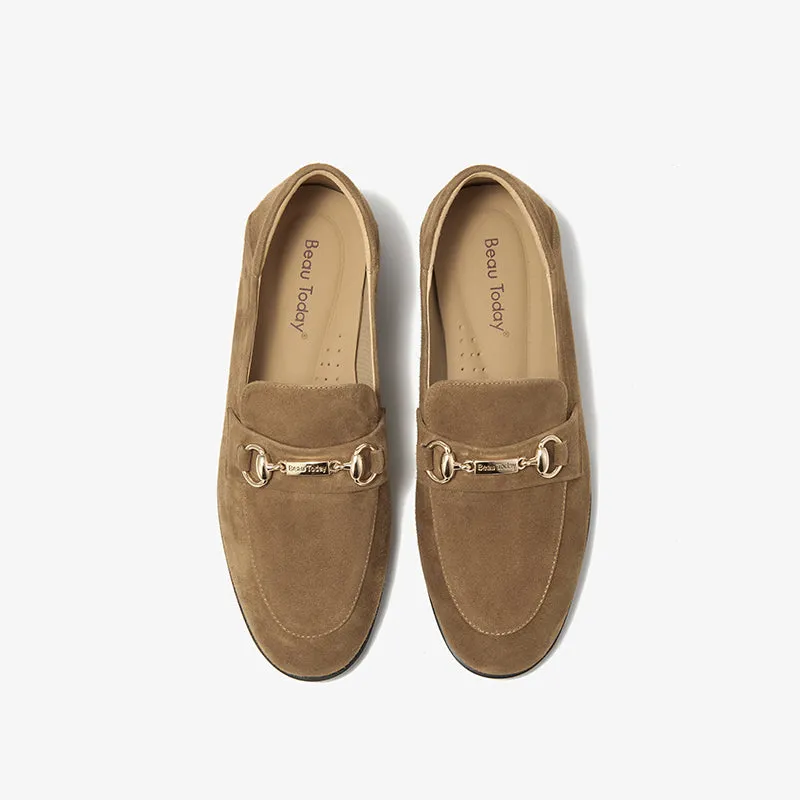 BeauToday Womens Penny Loafers Business Casual Round Toe Suede Sheepskin Walking Flats with Buckle