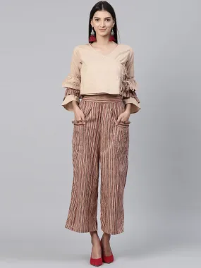 Beige 3/4th sleeve cotton tops with Beige striped palazzo with double pocket