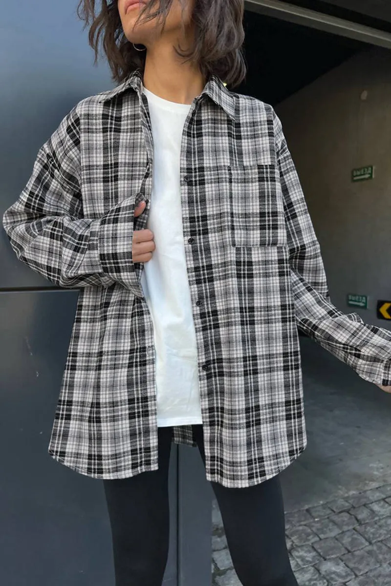 Casual Plaid Contrast Turndown Collar Tops