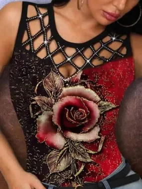 Hnewly Summer Casual T Shirt Women Fashion Floral Multicolor Rose Print Sleeveless Floral Print Hollow Out Summer Sexy Tank Top Vest
