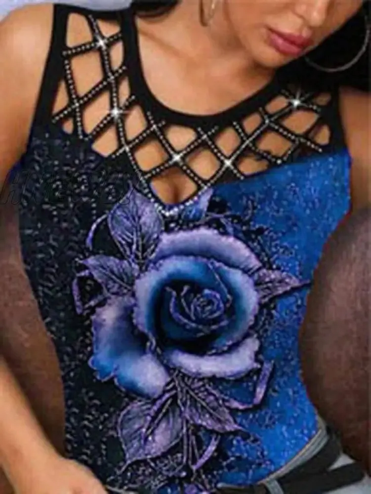 Hnewly Summer Casual T Shirt Women Fashion Floral Multicolor Rose Print Sleeveless Floral Print Hollow Out Summer Sexy Tank Top Vest