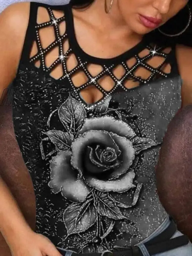 Hnewly Summer Casual T Shirt Women Fashion Floral Multicolor Rose Print Sleeveless Floral Print Hollow Out Summer Sexy Tank Top Vest