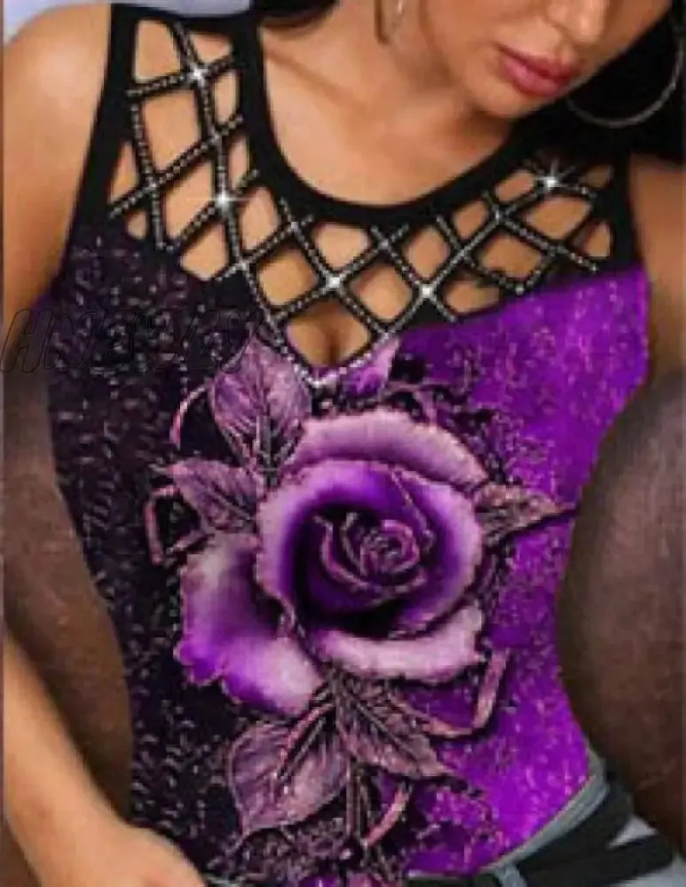 Hnewly Summer Casual T Shirt Women Fashion Floral Multicolor Rose Print Sleeveless Floral Print Hollow Out Summer Sexy Tank Top Vest