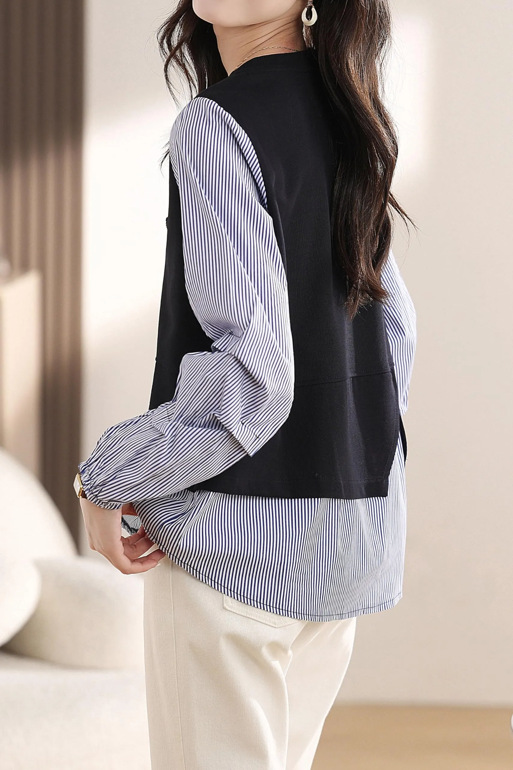 Patchwork Knit Round Neck Pullover Tops