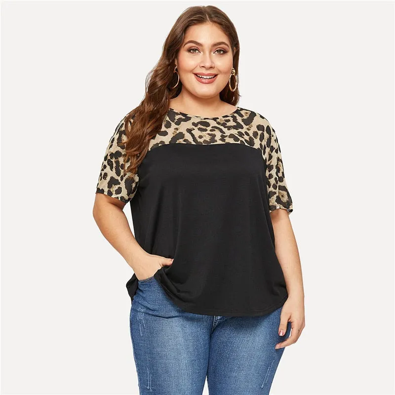 Plus Size T Shirt Women Leopard Yoke Cut And Sew Curved Hem Summer Tops Black Color Block Casual Female Tee