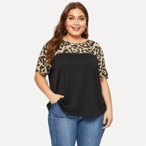 Plus Size T Shirt Women Leopard Yoke Cut And Sew Curved Hem Summer Tops Black Color Block Casual Female Tee