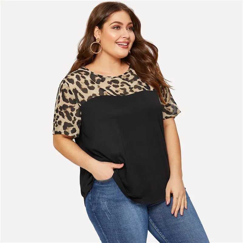 Plus Size T Shirt Women Leopard Yoke Cut And Sew Curved Hem Summer Tops Black Color Block Casual Female Tee