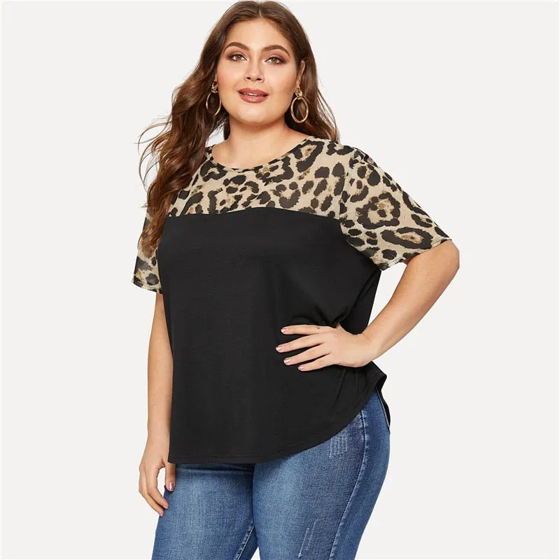Plus Size T Shirt Women Leopard Yoke Cut And Sew Curved Hem Summer Tops Black Color Block Casual Female Tee