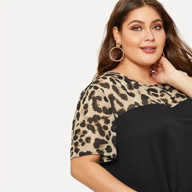Plus Size T Shirt Women Leopard Yoke Cut And Sew Curved Hem Summer Tops Black Color Block Casual Female Tee