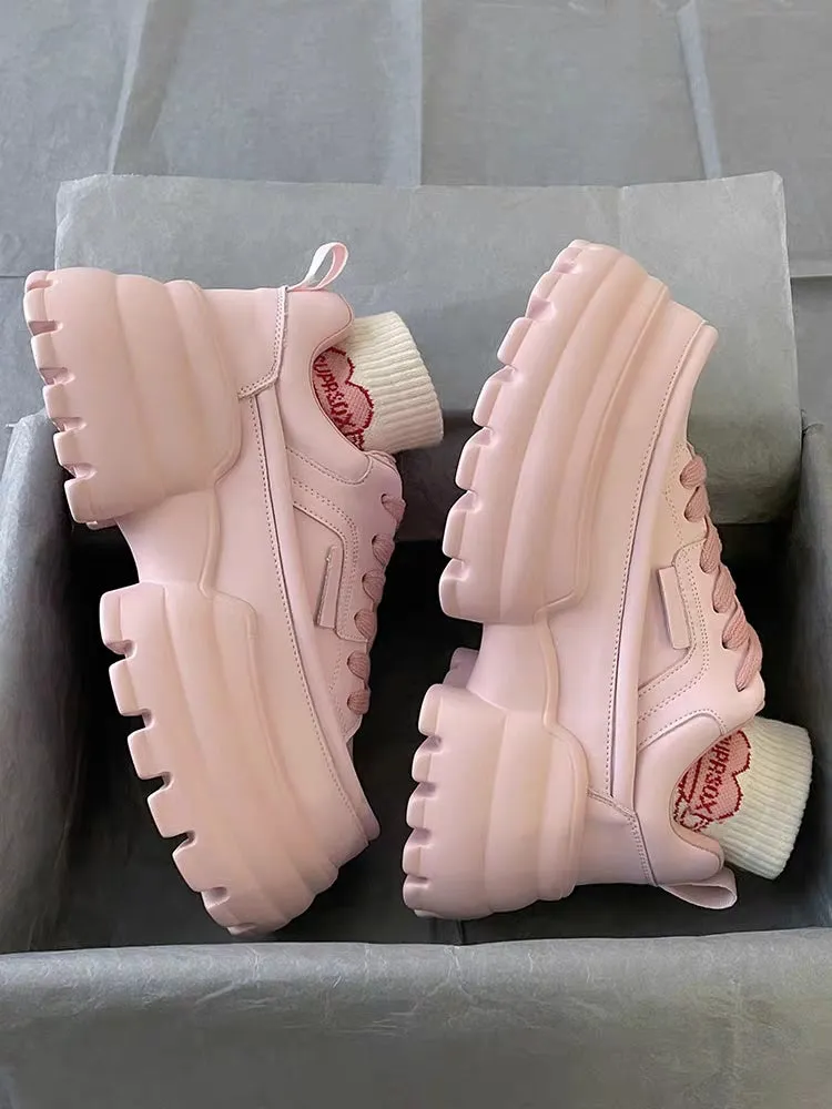 Summer Street College Girl Thick Soles Trendy White Pink Heels Sporty Sneakers Shoes