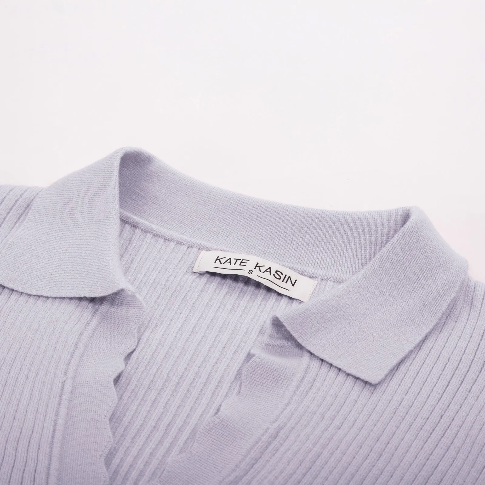 Women Lapel Collar Sweater Tops Short Sleeve V-Neck Ribbed Knitted Tops