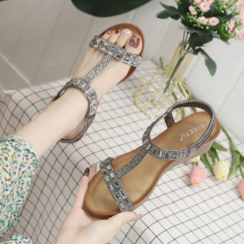Women's Comfortable Sparkling Jeweled Wedge Gladiator Sandals