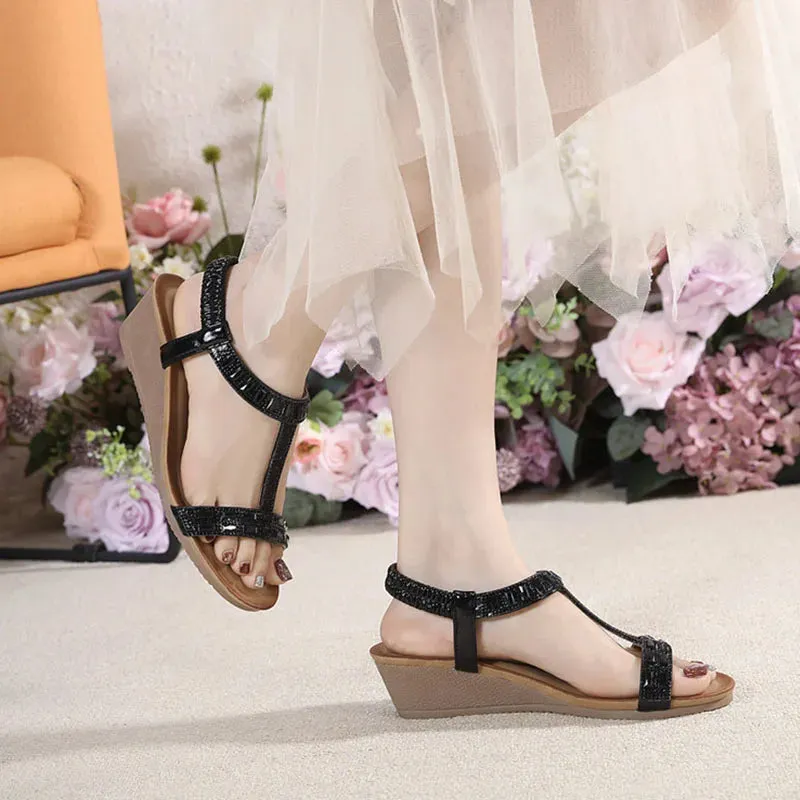 Women's Comfortable Sparkling Jeweled Wedge Gladiator Sandals
