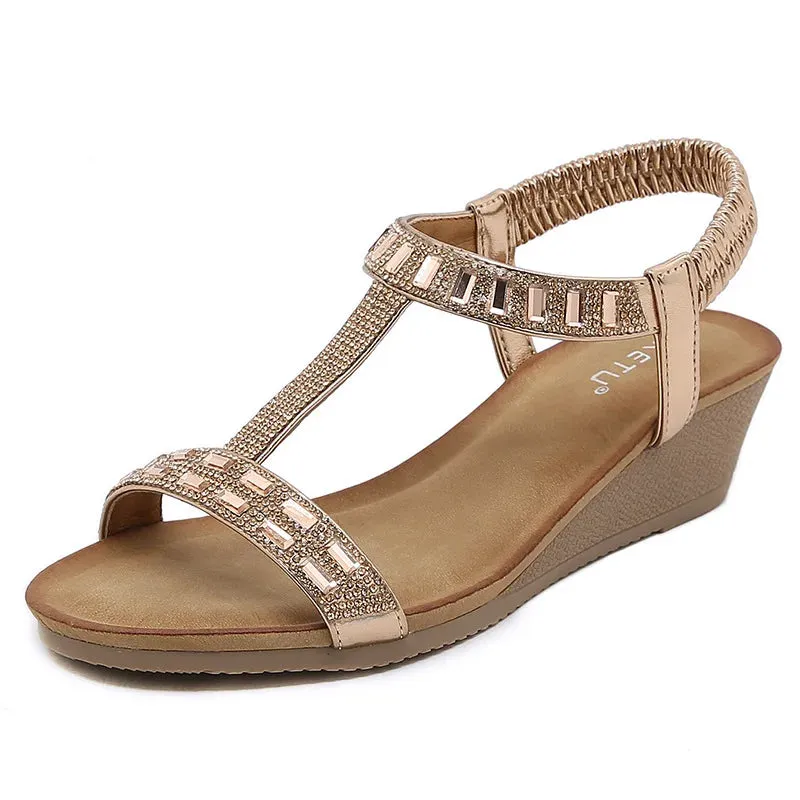 Women's Comfortable Sparkling Jeweled Wedge Gladiator Sandals