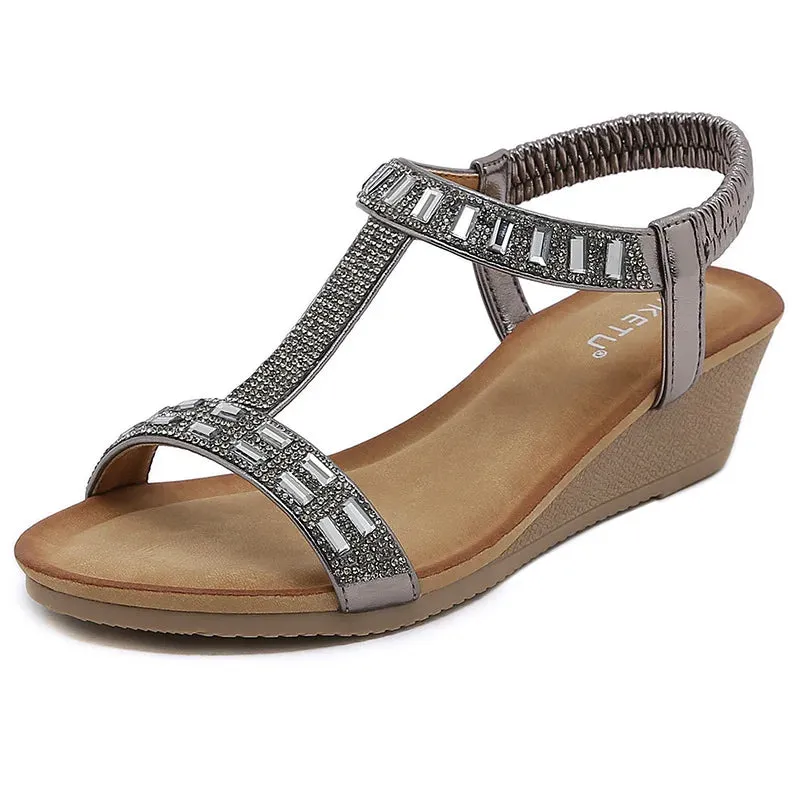 Women's Comfortable Sparkling Jeweled Wedge Gladiator Sandals