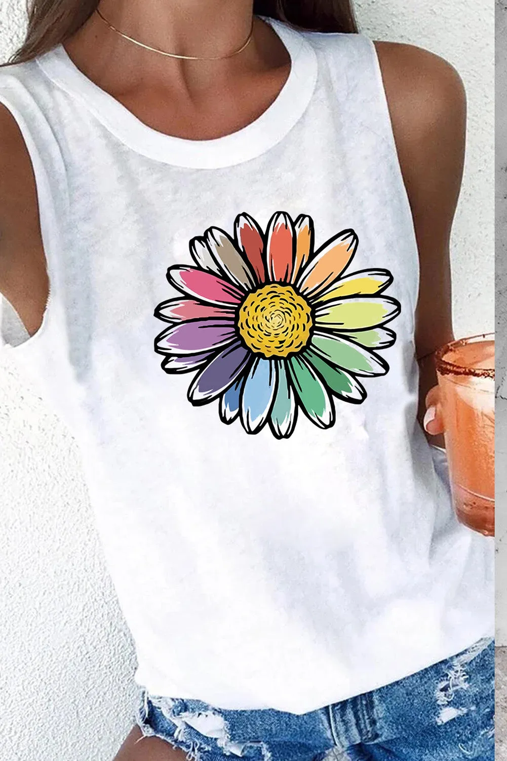 Womens Crew Neck Tank Tops Summer Rainbow Daisy Sleeveless Tops