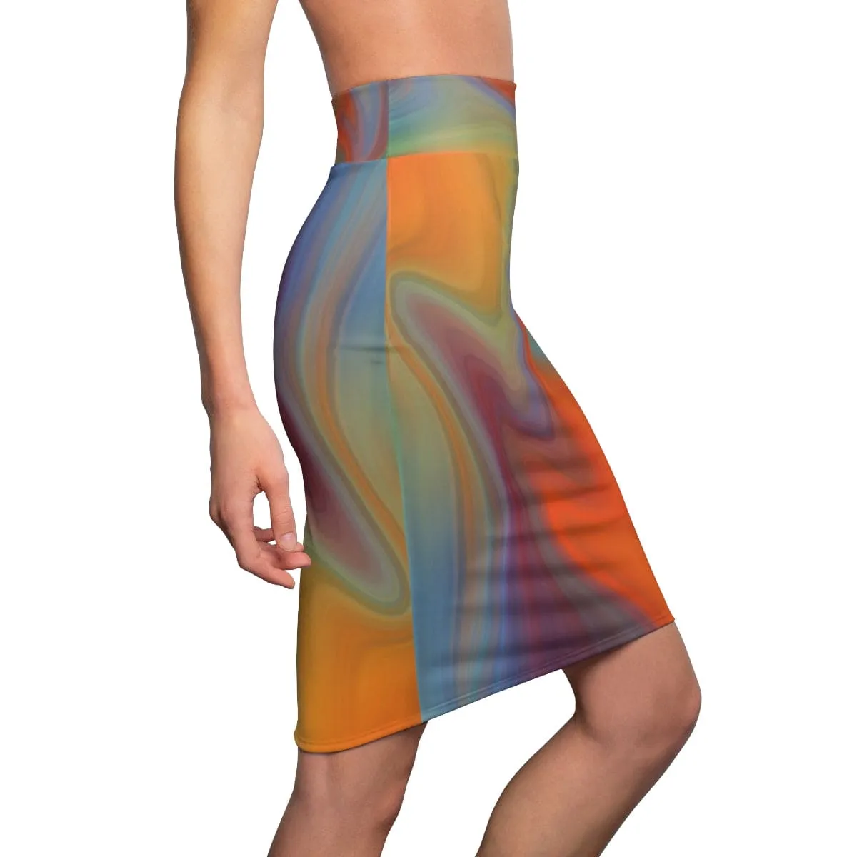Womens Pencil Skirt, High Waist Stretch, Autumn Orange Swirl
