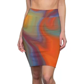 Womens Pencil Skirt, High Waist Stretch, Autumn Orange Swirl
