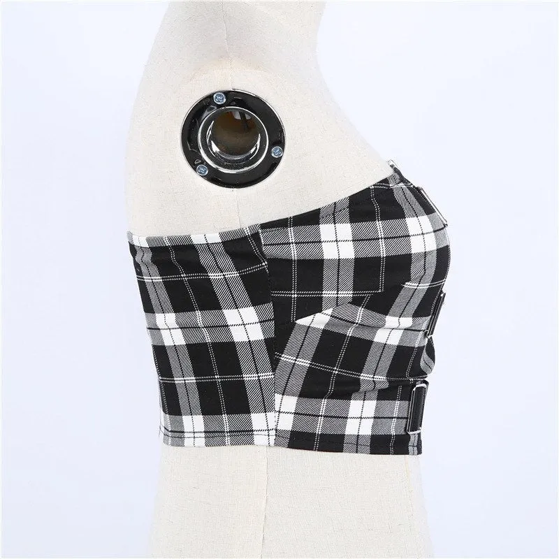 Women's Summer Plaid Off-Shoulder Strapless Cropped Tube Top
