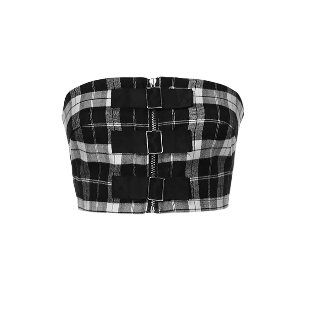 Women's Summer Plaid Off-Shoulder Strapless Cropped Tube Top