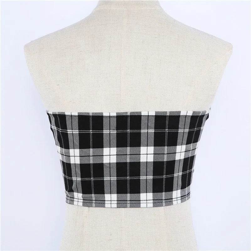 Women's Summer Plaid Off-Shoulder Strapless Cropped Tube Top