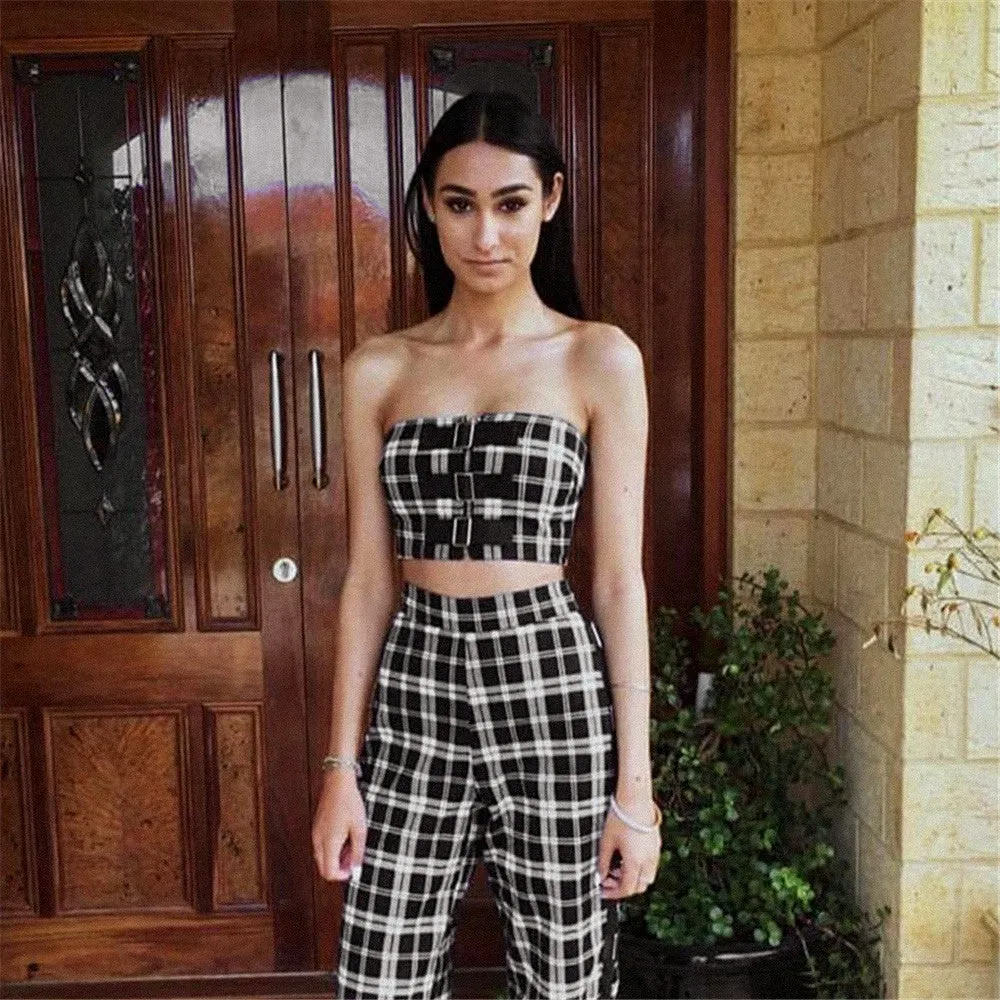 Women's Summer Plaid Off-Shoulder Strapless Cropped Tube Top