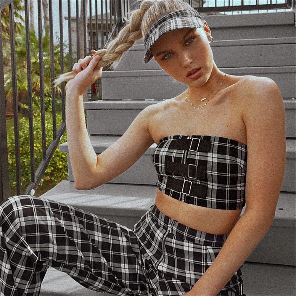 Women's Summer Plaid Off-Shoulder Strapless Cropped Tube Top